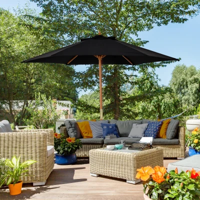 Outsunny 2.5m Wood Garden Parasol Sun Shade Patio Outdoor Wooden Umbrella Canopy Black