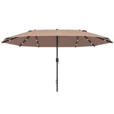 Outsunny 4.4m Double-Sided Sun Umbrella Patio Parasol LED Solar Lights Base Khaki