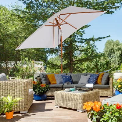 Outsunny 2 x 1.5m Patio Garden Parasol Sun Umbrella Sunshade Canopy Outdoor Backyard Furniture Wood Wooden Pole 6 Ribs Tilt Mechanism - Off-White