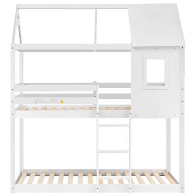 Children's Bunk Bed with Convertible Ladder and Window, White