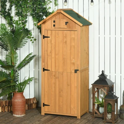Outsunny Garden Shed Vertical Utility 3 Shelves Shed Wood Outdoor Garden Tool Storage Unit Storage Cabinet, 77 x 54.2 x 179cm - Natural