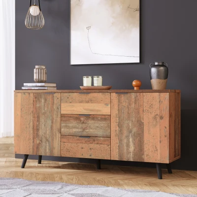 Credenza Vintage in Legno Marrone con 3 Cassetti e Ripiani Regolabili per Soggiorno, Marrone antico