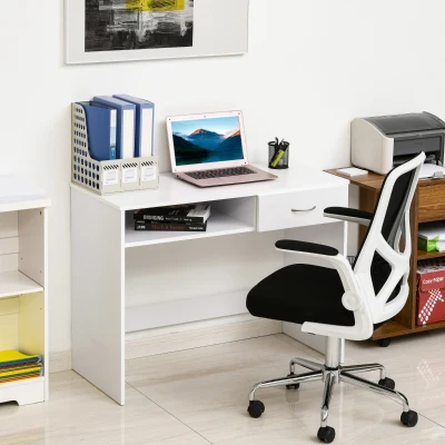 HOMCOM Compact Computer Desk, Study Table with Drawer and Storage Compartment, Writing Workstation, White