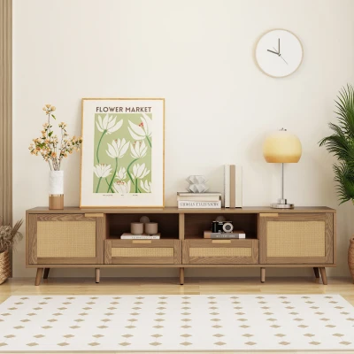 Oak Finish TV Stand with Storage Cabinets and 2 Open Shelves, Oak
