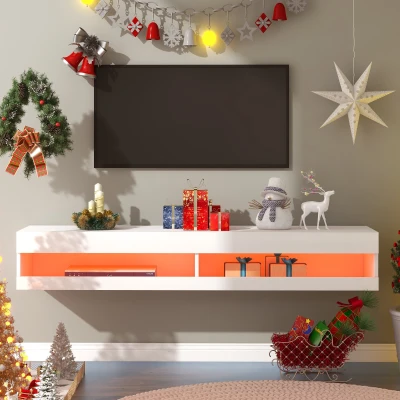 Wall-Mounted High Gloss TV Cabinet with LED Lights, White