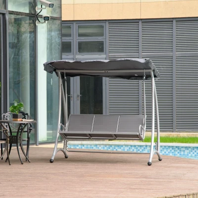 Outsunny Three Person Steel Outdoor Porch Swing Chair Bench w/ Canopy Cover Grey