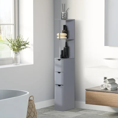 HOMCOM Coluna Casa de Banho Armário Compacto Casa de Banho Móvel Auxiliar com 2 Prateleiras 2 Gavetas 15x33x136,5 cm Cinza