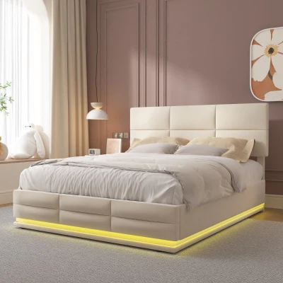 Letto Matrimoniale in Tessuto Vellutato con contenitore, Beige