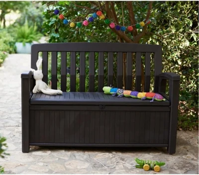 Keter Panchina Contenitore da Giardino Patio, 227L, Effetto Legno, Grafite, 132,7x61,2x89H cm