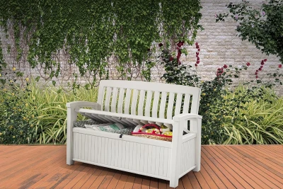 Keter Panchina Contenitore da Giardino Patio, 227L, Effetto Legno, Bianca, 132,7x61,2x89H cm