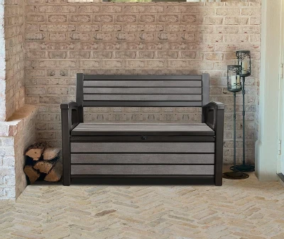 Keter Panchina Contenitore da Giardino Hudson, 227L, Effetto Legno Spazzolato, Grafite, 132,7x61,2x89H cm