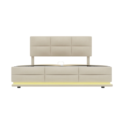 Doppelbett mit Stauraum 140x200 cm, LED-Licht, USB-Ladegerät, Samtstoff, Beige