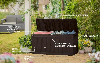Keter Baule da Giardino Comfy, 270L, Effetto Legno, Marrone, 119,2x44,7x57H cm