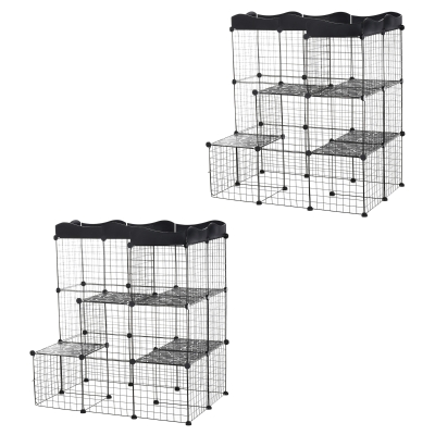 PawHut Lot 2 Cages Modulables 3 Niveaux Métal Noir