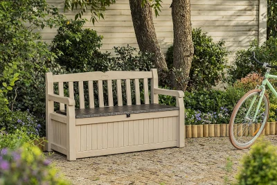 Keter Panchina Contenitore da Giardino Eden, 265L, Effetto Legno, Beige/Marrone, 140x60x84H cm