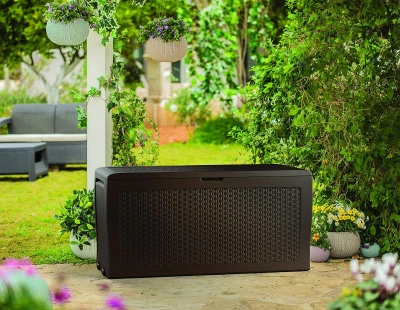 Keter Baule da Giardino Samoa, 270L, Effetto Rattan, Marrone, 116,4x44,7x57H cm