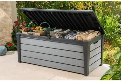 Keter Baule da Giardino Brushwood, 454L, Effetto Legno Spazzolato, Grigio, 145x69,7x60,3H cm