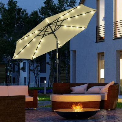 Outsunny Chapéu de Sol com 32 Luzes LED Solares Ø265x233cm Chapéu de Sol Inclinável com Manivela e Mastro de Aço para Terraço Pátio Exterior Bege