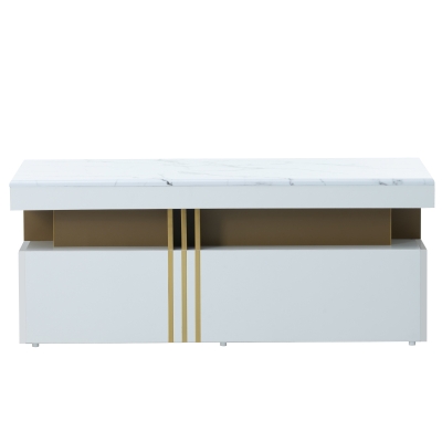 Modern Rectangular Coffee Table with PVC Pattern Top and 2 Wooden Drawers, White