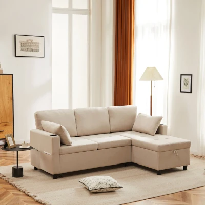 Linen Look L-Shaped Corner Sofa Bed with Storage, Beige
