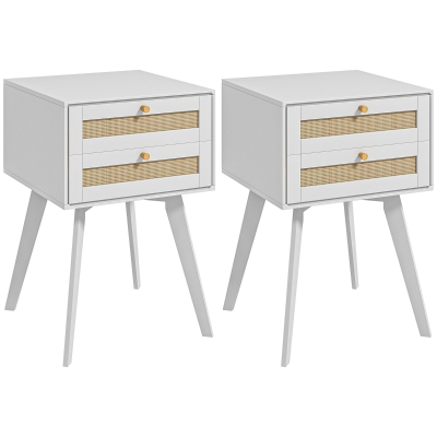 HOMCOM Conjunto de 2 Mesas de Cabeceira Estilo Cannage com 2 Gavetas em Vime Mesas Auxiliares Pequenas 40x40x60 cm Branco