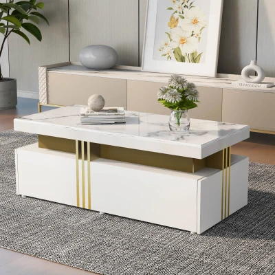 Modern Rectangular Coffee Table with PVC Pattern Top and 2 Wooden Drawers, White
