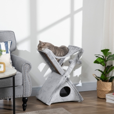 PawHut® DRAPAK DLA KOTA WIEŻA Z TUNELEM I HAMAKIEM sizal płyta wiórowa szary 50 x 32 x 65 cm
