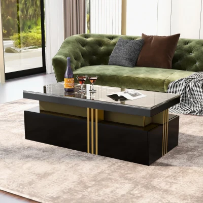 Modern Coffee Table with PVC Pattern Top and 2 Wooden Drawers, Black