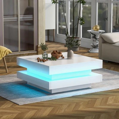 High Gloss Round Coffee Table with Rotating Top and 16-Colour LED Light, White