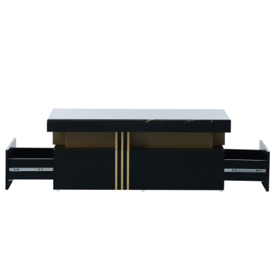 Modern Coffee Table with PVC Pattern Top and 2 Wooden Drawers, Black