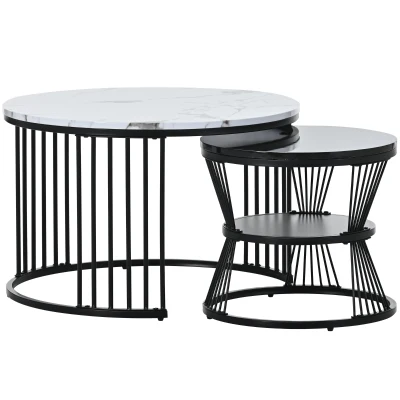Modern Nesting Coffee Table with Marble Finish, Black+White