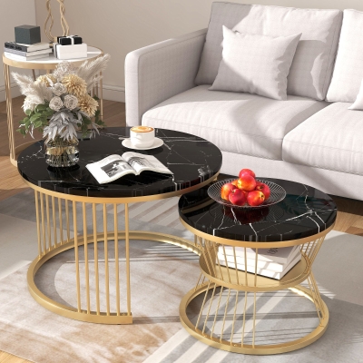 Set of 2 Nesting Coffee Tables with Marble Pattern Top, Black