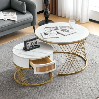2-Piece Nesting Coffee Table with Storage Drawer, White