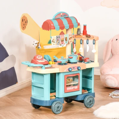 HOMCOM Cozinha de Brinquedo para Crianças de 3 a 6 Anos com Rodas Caixa Registradora e 50 Acessórios 79,5x33x90,5 cm Multicolor