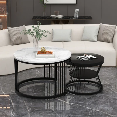 Modern Nesting Coffee Table with Marble Finish, Black+White