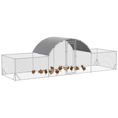 PawHut Cotet de Gaini pentru Gradina pentru 12-14 Gaini, din Otel Zincat si PE cu Copertina si Incuietoare, 600x190x195 cm, Gri Argintiu(m-11)