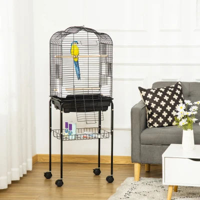 PawHut Gaiola para Passáros com Suporte Gaiola com 4 Rodas Teto com Abertura 2 Comedouros 3 Poleiros Bandeja Removível e Prateleira Inferior 46x36x130cm Preto