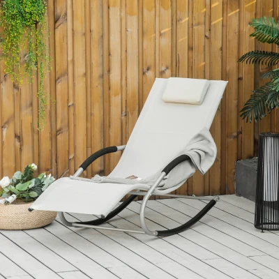 Outsunny Espreguiçadeira Baloiço de Jardim com Apoio para os Braços Almofada para a Cabeça Espreguiçadeira de Exterior Tecido Transpirável e Metal para Praia Pátio Terraço 63x148x85cm Bege