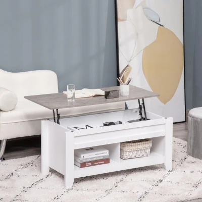 HOMCOM Mesa de Centro com Bancada Elevável Mesa de Centro com 2 Compartimentos Abertos Bancada de Imitação a Mármore Mesa Retangular para Sala de Estar 105x50x49cm Branco