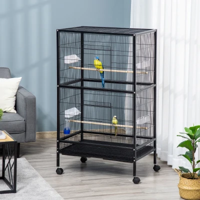 PawHut Gaiola para Pássaros com 4 Rodas Gaiola para Pássaros Metálica com Múltiplas Portas 4 Comedouros Bebedouro 2 Poleiros e Bandeja para Louros Canários Periquitos 79x52x137cm Preto