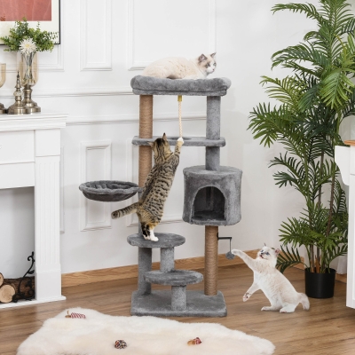 PawHut Árvore Arranhador para Gatos com Plataforma Caverna Rede postes de Juta Corda e Bola Suspensa 48x48x120 cm Cinza