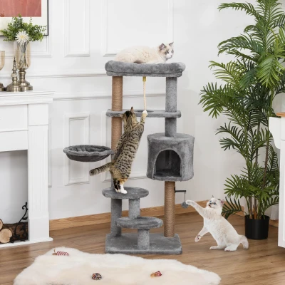 PawHut Árvore Arranhador para Gatos com Plataforma Caverna Rede postes de Juta Corda e Bola Suspensa 48x48x120 cm Cinza
