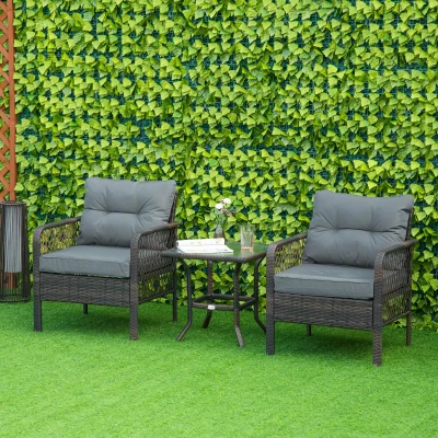 Outsunny Conjunto Móveis de Vime 3 Peças de Jardim 2 Poltronas 65x66x75cm e 1 Mesa 50x50x50cm de Vidro Temperado com Almofadas Acolchoadas para Terraço Pátio Marrom