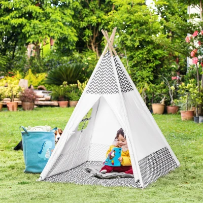HOMCOM Tenda Tipi para Crianças acima de 3 Anos Tenda Infantil de Madeira Portátil com Janela Almofada e Bolsa de Transporte para Interiores e Exteriores 120x120x155cm Cinza