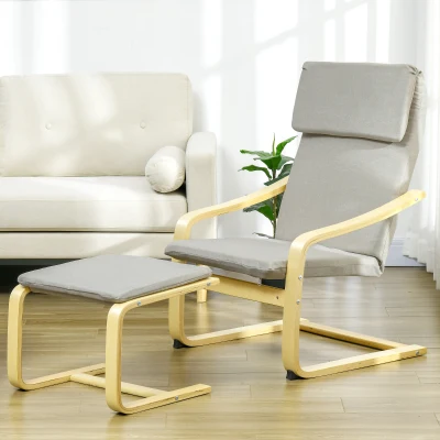 HOMCOM Loungesessel mit Hocker, Bezug in Leinenoptik, Holzrahmen, bis 120 kg, Cremeweiß/Natur