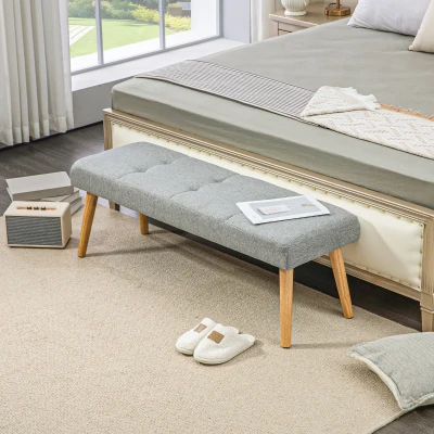 HOMCOM Gestoffeerde Bank, Knoopstiksel, Linnenlook, Massiefhouten Poten, tot 120 kg, 120x41x43 cm, Grijs