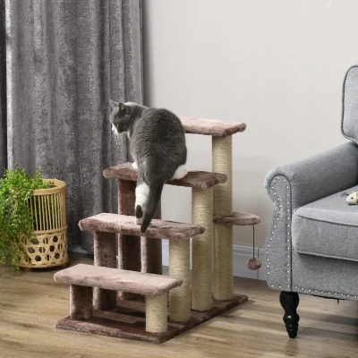 PawHut Drabinka z Drapakiem dla Zwierząt, 4-stopniowa, dla Zwierząt do 5 kg, 60x40x64cm, Brązowy