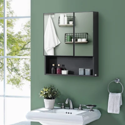 kleankin Szafka z Lustrem, Szafka Łazienkowa, 3 Poziomy, Stal Nierdzewna, 59,7x13,3x69,9cm, Czarna