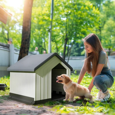PawHut Hondenhok, Weerbestendig, Venster & Deur, voor Kleine Honden tot 10kg/40cm Lengte, 62x61x60cm, Grijs/Wit