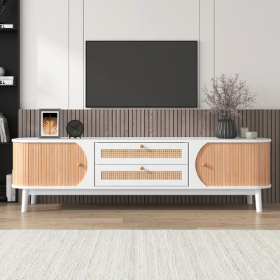 Mueble TV con Antena y Cajones Rústico en Ratán Blanco